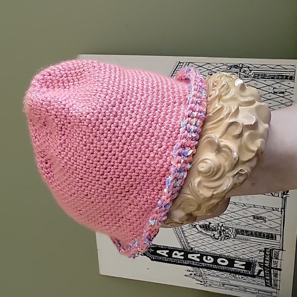 HAND CRAFTED hat with brim HANDMADE pink multi-colored eyelash yarn trim crochet - Picture 3 of 5